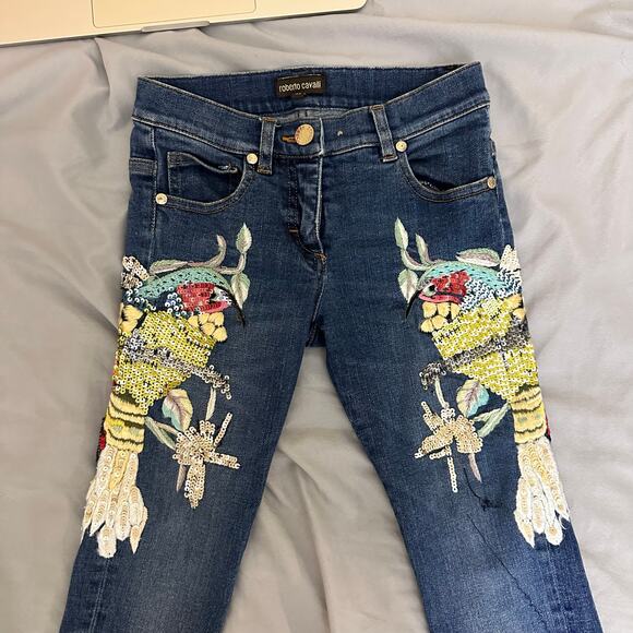 Kids Roberto Cavalli Embroidered Sequin Birds‎ Denim Jeans Size 6 122 - Picture 3 of 16